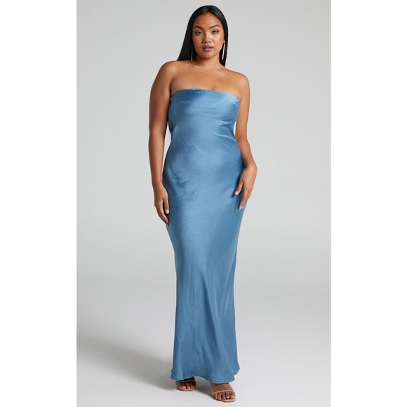 Showpo Charlita Steel Blue Maxi Dress Strapless Cowl Back Satin Dress Size 4 - Picture 2 of 11